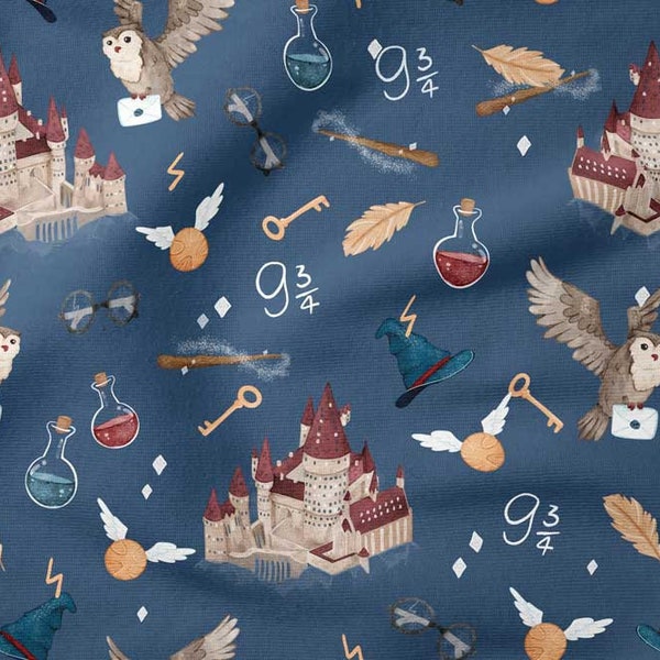 Tissu en coton école de magie, fond bleu marine, univers magique, tissu de pépinière de sorcellerie, textile haut de gamme