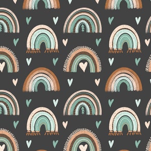 Arcs-en-ciel et cœurs sur tissu en coton graphite, tissu de pépinière rétro, textile haut de gamme, tissu en coton unisexe, style Boho