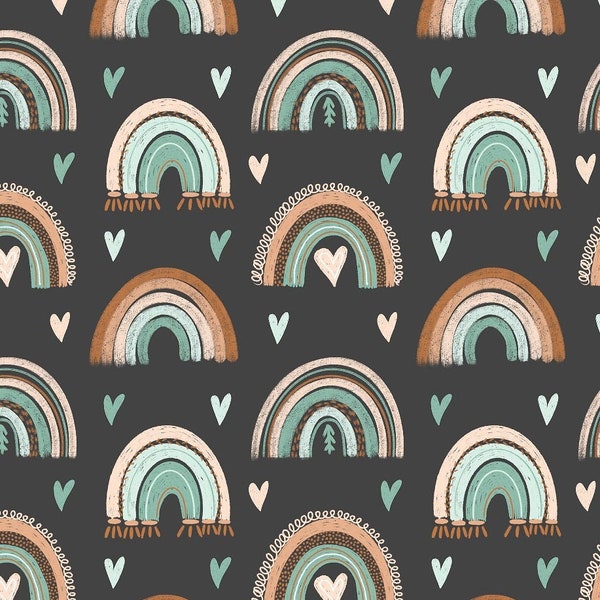 Regenbogen und Herzen auf Graphit-Baumwollstoff, Retro-Kinderzimmerstoff, Premium-Textil, Unisex-Baumwollstoff, Boho-Stil