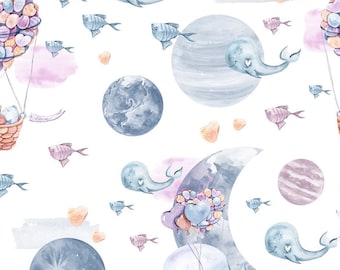 Whale Cotton Fabric, Magic World Nursery Fabric, Premium Textile, Cloth For Baby, The Highest Quality