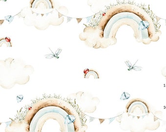Tissu de coton arc-en-ciel aquarelle, tissu de pépinière arc-en-ciel et nuages, textile haut de gamme, tissu de coton unisexe, style Boho