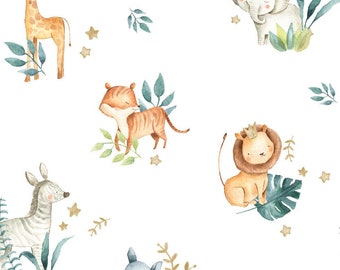 Tissu en coton animaux de la jungle, tissu pour bébé Safari, tissu de pépinière nature sauvage, textile haut de gamme, coton unisexe, animaux sauvages, tissu jungle