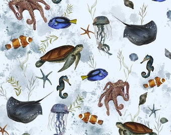 Sea Animals Cotton Fabric, Sea Creatures Nursery Fabric, Under the Sea Premium Textile, Cloth For Baby, Digital Print