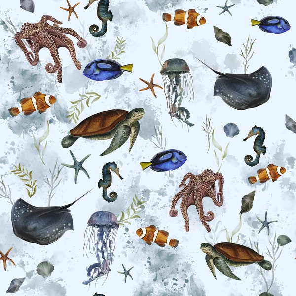 Sea Animals Cotton Fabric, Sea Creatures Nursery Fabric, Under the Sea Premium Textile, Cloth For Baby, Digital Print