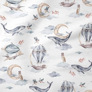 Magic World Cotton Fabric, Dreamy Ocean Nursery Fabric, Premium Textile, The Highest Quality, Magic Owl, Whales