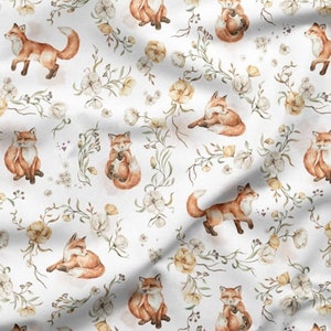 Tessuto di cotone con volpi e fiori, tessuto per cameretta dei bambini con volpi, tessuto vintage di alta qualità con volpi, la massima qualità