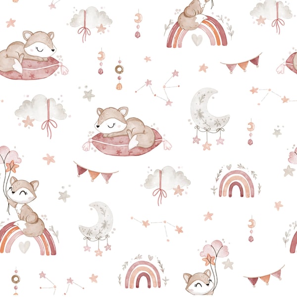 Sleeping Foxes Cotton Fabric, Fox and Rainbow Nursery Fabric, Fox Premium Textile, Rainbow Baby Fabric, The Highest Quality