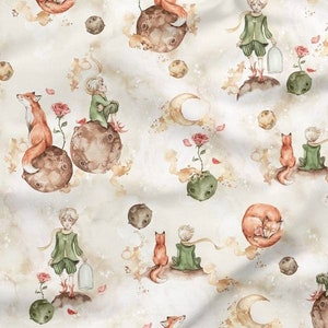 Little Boy with Fox and Rose Cotton Fabric, Little Boy Nursery Fabric, Premium Textile, Cloth For Baby, The Highest Quality