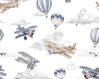 Retro Sky Fitted Crib Sheet, Planes Cot Sheet, Hot Air Balloon Crib Sheet, Baby Bedding, Nursery Cotton Crib Sheet, Boy Cot Sheet