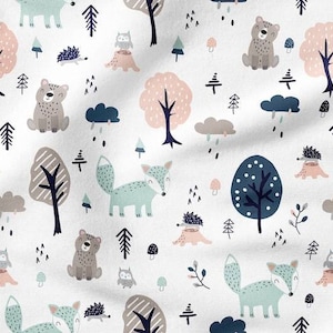 Tessuto in cotone con animali del bosco, tessuto per vivaio, tessuto premium, tessuto per neonati, la massima qualità