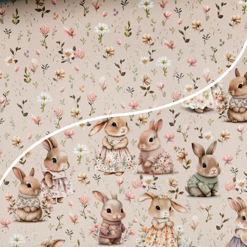 Lindos conejitos en tela de algodón de flores, tela de fondo de flores, tela de conejita, textil premium, tela para bebé, la más alta calidad imagen 1