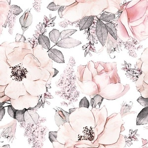 Tissu en coton de jardin rose et gris, fleurs roses et tissu de feuilles grises Premium, tissu floral, textile haut de gamme image 1