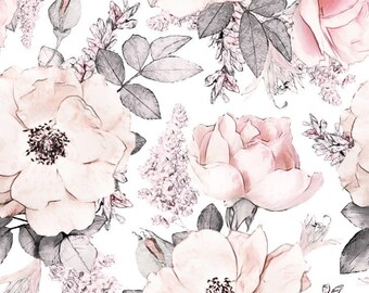 Tissu en coton de jardin rose et gris, fleurs roses et tissu de feuilles grises Premium, tissu floral, textile haut de gamme