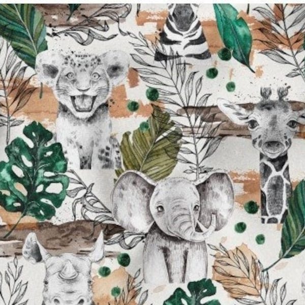 Tissu en coton animaux de safari, tissu de pépinière de nature sauvage, textile haut de gamme, coton unisexe, animaux sauvages, tissu de la jungle