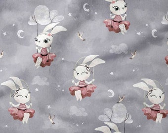 Lapins dans le tissu de coton de nuages, tissu de pépinière de lapin sur le gris, textile de la meilleure qualité, tissu pour bébé, la plus haute qualité