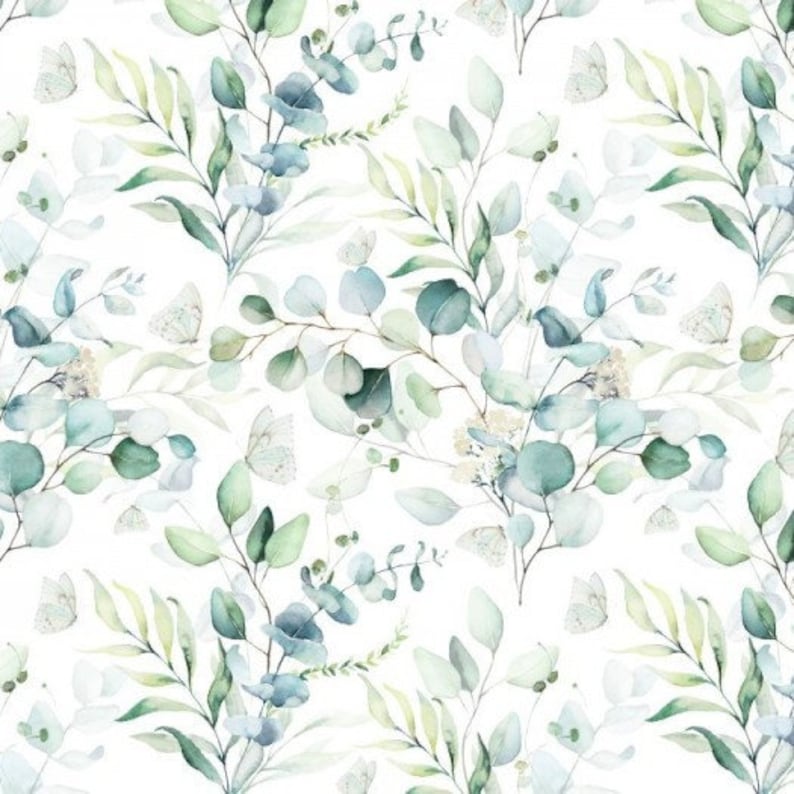 Tissu en coton papillon, tissu de feuilles d'eucalyptus, tissu de pépinière Nature florale, 100 % coton de qualité supérieure, OEKO-TEX image 1