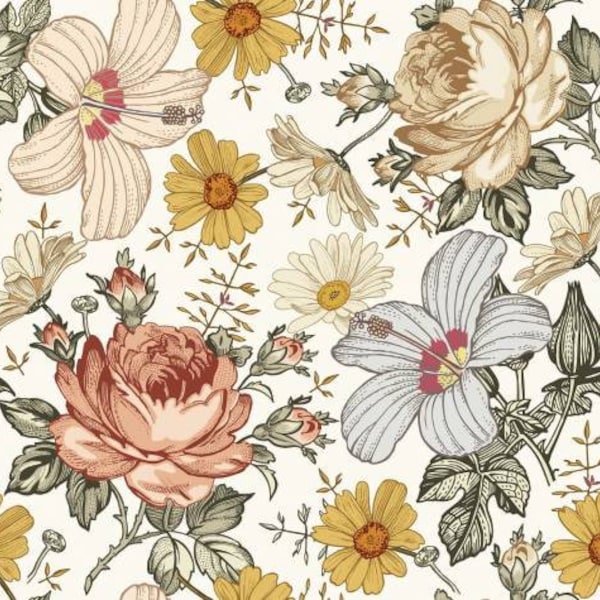 Vintage Flowers Cotton Fabric, Retro Nursery Fabric, Premium Textile, Cloth For Baby, The Highest Quality