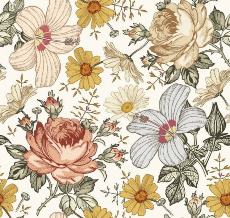Vintage Flowers Cotton Fabric, Retro Nursery Fabric, Premium Textile, Cloth For Baby, The Highest Quality image 1