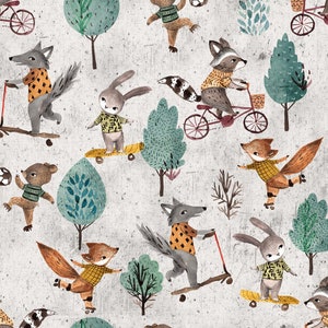 Fun in the Woods Cotton Fabric on Gray, Forest Life Nursery Fabric, Woodland Animals Premium Textile, Unisex Baby Fabric