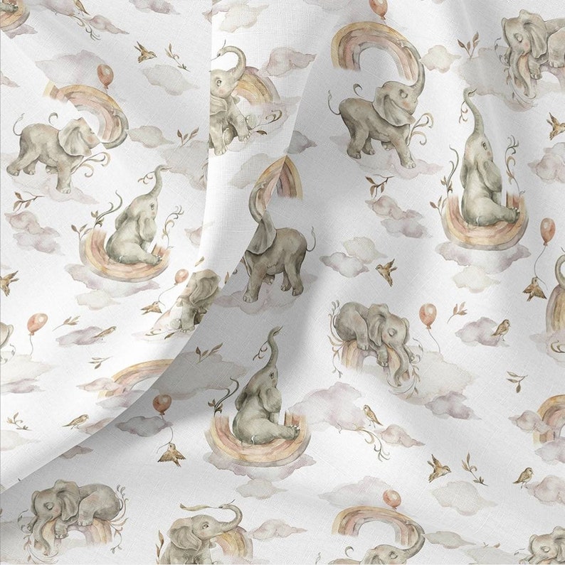 Tissu en coton éléphants et ballons, tissu de pépinière arc-en-ciel, textile haut de gamme, tissu pour bébé, la plus haute qualité image 1