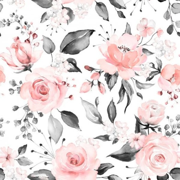 Roses and Gray Leaves, Pink and Gray Cotton Fabric, Floral Nursery Fabric, Premium Textile