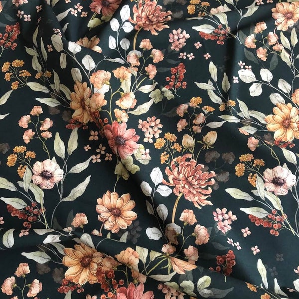 Vintage Flowers Cotton Fabric, Retro Nursery Fabric, Premium Textile, Cotton for Girl, Navy Background