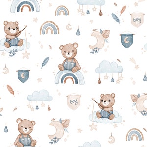 Cute Teddy Bears and Rainbows Cotton Fabric, Boy Nursery Fabric, Rainbow Premium Textile, The Highest Quality