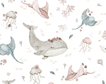 Sea Life Cotton Fabric, Whale Nursery Fabric, Stingray Premium Textile, Cloth For Baby, The Highest Quality