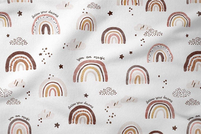 Natural Rainbows Cotton Fabric, Retro Nursery Fabric, Premium Textile, Unisex Cotton Fabric, Boho Style image 1