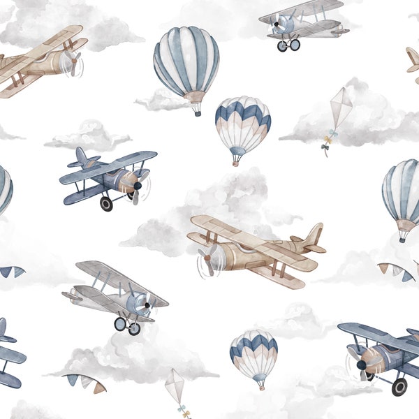 tissu de coton d’avions vintage, tissu de pépinière de montgolfières et d’avions, textile premium pour garçon, la plus haute qualité