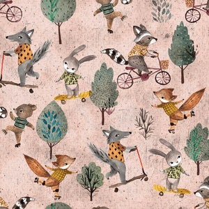 Fun in the Woods Cotton Fabric on Pink, Forest Life Nursery Fabric, Woodland Animals Premium Textile, Fabric for Girl