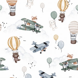 Animals in the Sky Cotton Fabric, Hot Air Balloon and Plane Nursery Fabric, Fox Raccoon Premium Textile, The Highest Quality