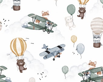 Animals in the Sky Cotton Fabric, Hot Air Balloon and Plane Nursery Fabric, Fox Raccoon Premium Textile, The Highest Quality