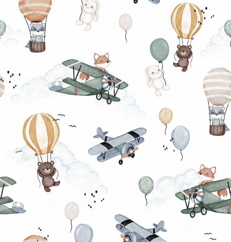 Animals in the Sky Cotton Fabric, Hot Air Balloon and Plane Nursery Fabric, Fox Raccoon Premium Textile, The Highest Quality image 1