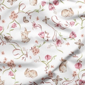 Bunnies in Flowers Cotton Fabric, Nursery Fabric, Premium Textile, Cloth For Baby, The Highest Quality