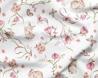 Bunnies in Flowers Cotton Fabric, Nursery Fabric, Premium Textile, Cloth For Baby, The Highest Quality