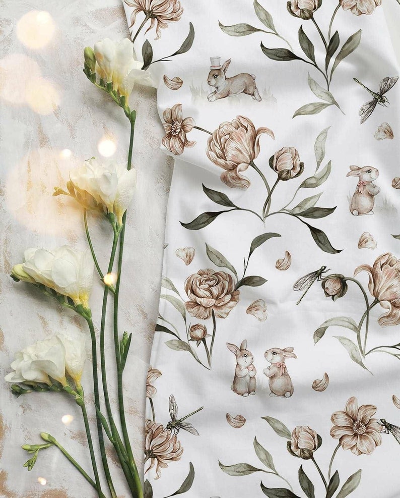 Bunnies in Flowers Cotton Fabric Nursery Fabric Premium Etsy