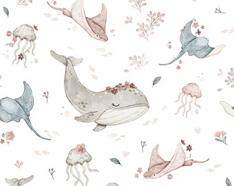 Underwater World Fitted Crib Sheet, Sea Life Cot Sheet, Whale Baby Bedding, Nursery Cotton Crib Sheet, Stingray Nursery Decor, Jellyfish