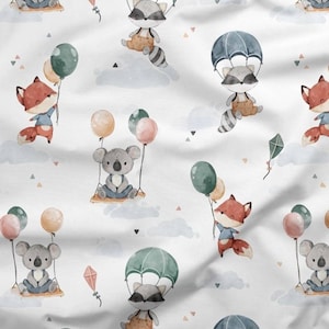 Animals and Balloons Cotton Fabric, Nursery Fabric with Animals, Fox Koala Raccoon Premium Textile, The Highest Quality image 1