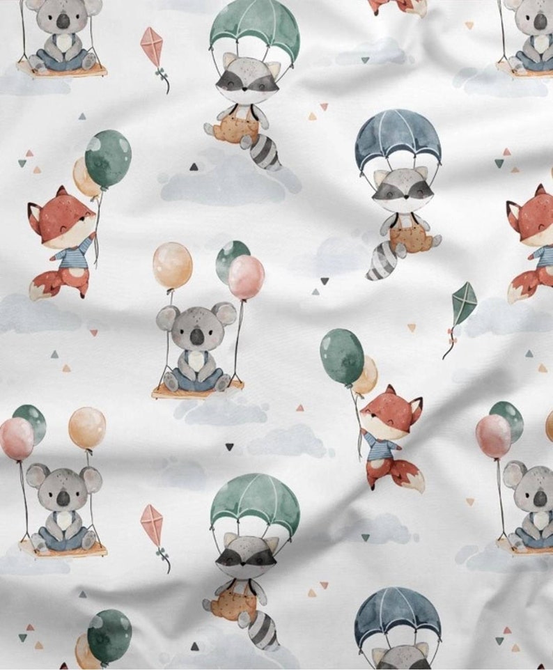 Animals and Balloons Cotton Fabric, Nursery Fabric with Animals, Fox Koala Raccoon Premium Textile, The Highest Quality image 1