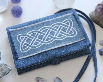 Denim Tarot Bag with Celtic Knot Embroidery, Oracle Card Wrap