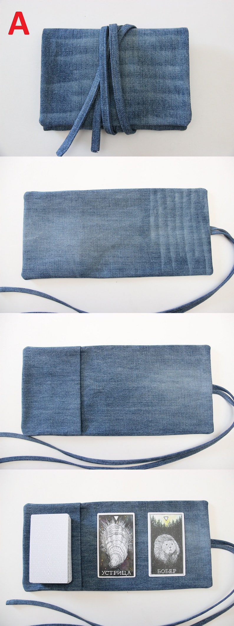 Puede incluir: Una bolsa de cartas de tarot de mezclilla azul con una carta blanca adentro y dos cartas visibles con las palabras "Устрица" y "Бобер" en ellas.