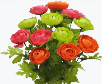 Ranunculus Bush X 12, 18"L, Orange, Dark Pink and Green, Wreath Supplies, Floral Embellishments, Bright Wedding Bouquet, 54662-ORBTYGN