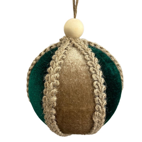 Gold and Green Velvet trimmed in Jute 4" Ornament, Christmas Tree Ornament, Wreath Attachment or Supplies, 85745GNBN