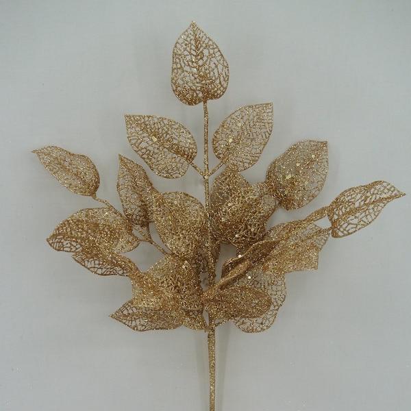 Gold Glitter Leaves Bush 20”, Christmas Tree Spray, Glitter Pick for Wreaths, Centerpieces, Swags, Garlands or DIY Projects, 20040