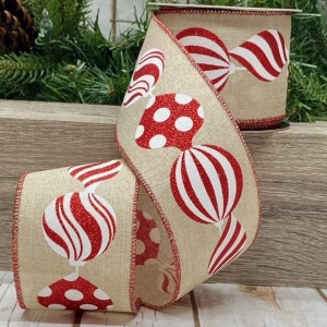 White and Red glittered Ornaments Wired Linen Ribbon, 2.5" X 10 Yards d.stevens Ribbon, 09-4203