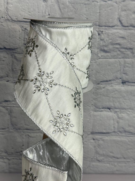 Ivory Dupion with Silver Fleurette Jewels, 4" x 5 yds, Regency International Premium ribbon. MTX74947