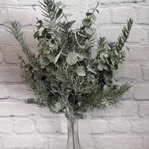 Iced Mixed Pine Cedar Bush 19” x 5, Mix Greenery Bush Vase Filler, Winter Stem Wreath Embellishment Supply, Floral Supply, 83249