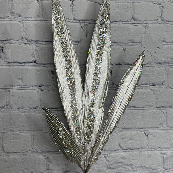 Platinum Silver Jewel Glitter Leaf Stem – 32”, Christmas Tree Spray, Glitter Pick for Wreaths, Centerpieces, Swags