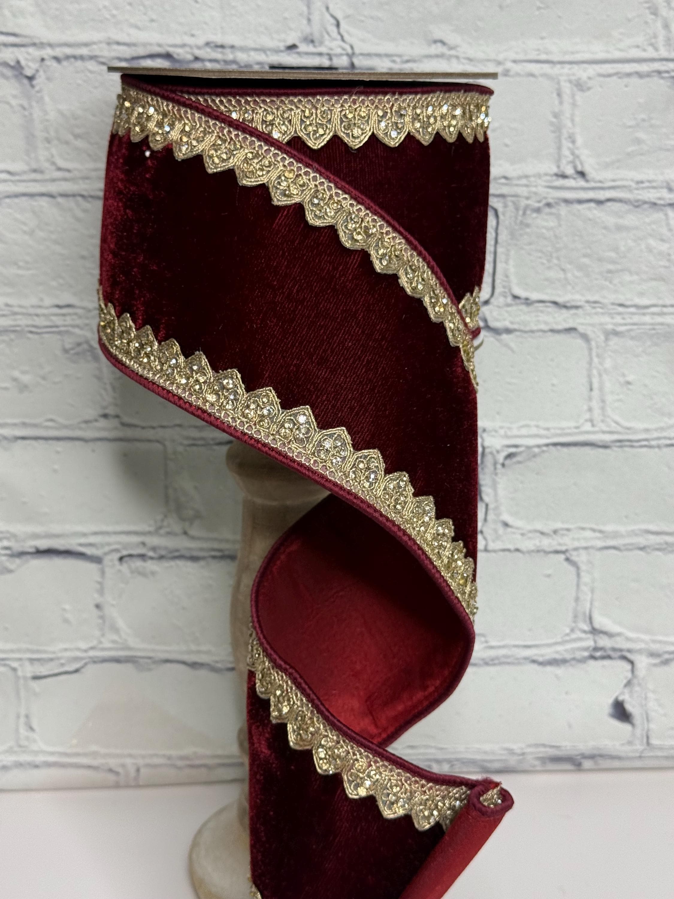 Farrisilk Ruby Burgundy Velvet Ribbon With Gold Jeweled Scallop